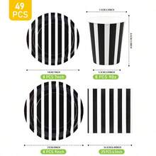 Bộ đĩa, khăn ăn và cốc dùng một lần kẻ sọc đen trắng, phục vụ 8 người. Bộ đồ dùng tiệc dùng một lần này (bao gồm đĩa, khăn ăn và cốc) rất phù hợp cho các bữa tiệc sinh nhật, đám cưới và dã ngoại gia đình. - Xem 8