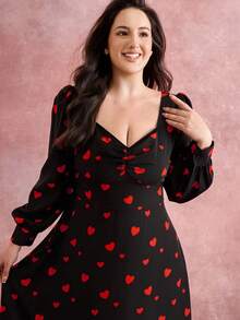 Juhart Đầm maxi dáng chữ A xẻ tà, cổ hình trái tim, xếp ly sâu, tay phồng, eo thắt, dành cho nữ cỡ lớn, màu đen với họa tiết trái tim đỏ, thích hợp cho lễ Halloween, Giáng sinh, tiệc Valentine, mùa xuân/hè/thu/đông. - màu đen - Xem 6