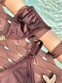 Costavie Bộ bikini 4 món buộc dây cổ trang trí vỏ sò - Nhiều màu - Xem 7