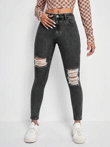 SHEIN ICON Calça Jeans Casuais Versáteis de Uso Diário com Bolso e Botão Desgastado para Mulheres - Chumbo - Visão 5