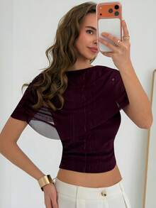 Aloruh 女士休闲优雅紫红色T恤，夏季服装，可爱迷人 - 中紫紅色 - 查看 3