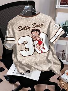 Betty Boop x SHEIN Women's Letter & Leopard Print Short Sleeve Casual T-Shirt, - White - View 2