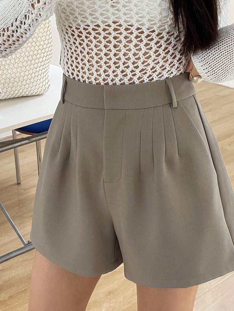Solid Color Loose Pleated Elegant Formal Women Shorts, Summer