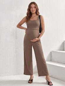 SHEIN Maternity Solid Color Square Neck Ribbed Casual Nursing Jumpsuit - Brown - View 9