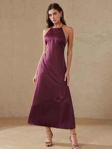 Femmeiva French Elegant Sexy Luxury Minimalist Party Golf Evening Satin Halter Backless Tie Design Fitted Mermaid Dress Pastal Summer - Burgundy - View 5