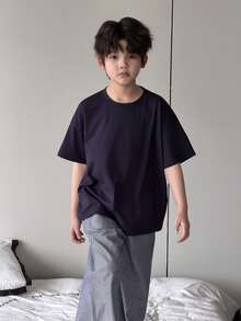 Dazy Kids 2件套幼儿男童圆领针织短袖T恤+格子裤休闲套装，春夏款 - 藏蓝色 - 查看 7