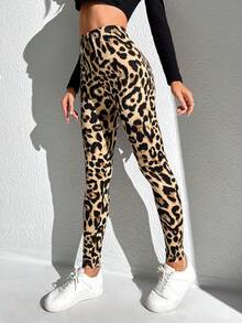 SHEIN LUNE Leopard Print High Waist Leggings,Casual - Khaki - View 5