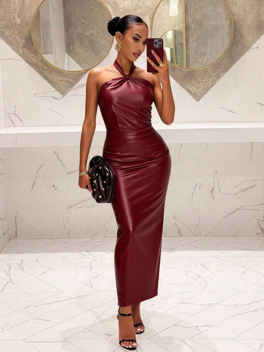 Slaydiva 优雅浪漫性感派对露背无袖修身酒红色PU长裙