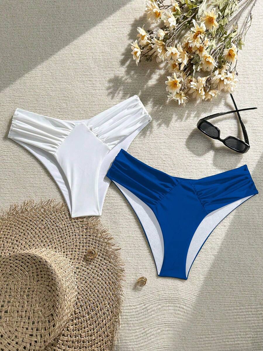 Swim Vcay 2 chiếc quần bơi nữ gợi cảm màu trơn có xếp ly. - Nhiều màu - Xem 1