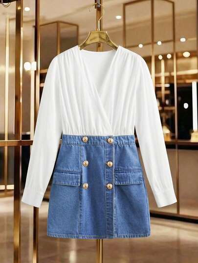 GlowEve Vestido Denim Casual Diário com Decote em V, Recortes e Botões para Mulheres, Ideal para Encontros e Passeios