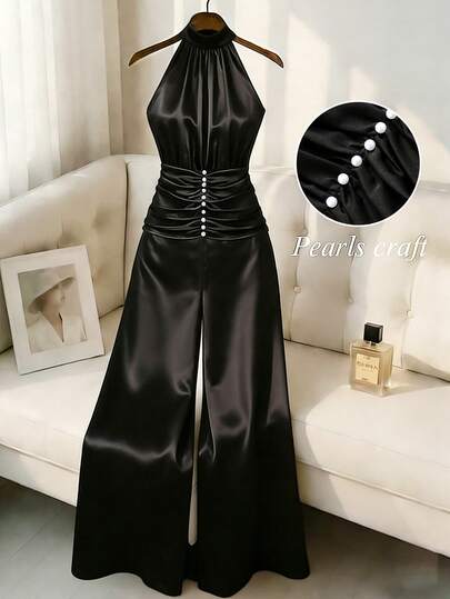 Franclia Women's Elegant Mandarin Collar Ruched Waist Sleeveless Pearl Decor Satin Jumpsuit, Fashionable For Dates, Casual Parties, Holidays, Commuting, Office Wear