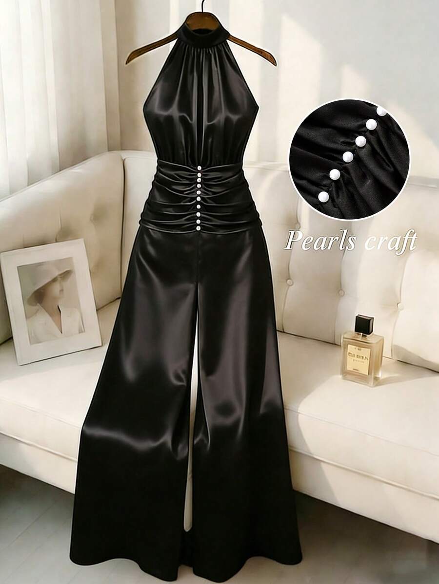 Franclia 女士优雅立领褶皱腰身无袖珍珠装饰缎面连体裤，时尚百搭，适合约会、休闲聚会、度假、通勤、办公穿着。 - 黑色 - 查看 1
