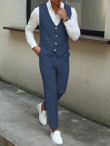 Manfinity Mode Men Business Formal Button Front Vest Suit Jacket And Tailored Pants And Men Vest Suit Clothing 2 Pieces Set - Navy Blue - View 7