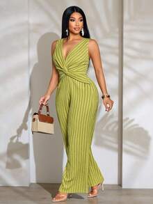 SOLERSUN 女士加大码春夏优雅度假风日常穿搭夏威夷休闲扭结深V领条纹无袖连体裤 - 綠色 - 查看 1