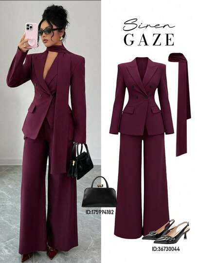 Siren Gaze 3 יחידות/סט עסקי אופנתי עם חזה כפול, בלייזר ומכנסיים, חליפות מכנסיים לחתונה רשמיות, סט שני חלקים, חליפת מכנסיים לנשים, חג המולד, אדום לנשים בצבע פירות יער, תלבושת קז'ואל לנשים, מתאימה לנסיעות, סגנון מסורתי ואירועים רשמיים כגון עסקים קז'ואל, עבודה והוראה