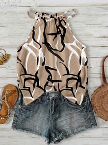 SHEIN LUNE 女士吊带复古几何优雅浪漫撞色印花图案吊带背心，适合春夏、户外活动、海滩度假、时尚休闲、通勤穿着。 - 彩色 - 查看 1