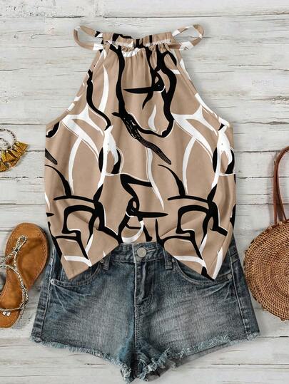 SHEIN LUNE Camiseta de mujer con cuello halter, estampado geométrico vintage elegante y romántico de colores contrastantes, adecuada para primavera/verano, actividades al aire libre, vacaciones en la playa, elegante, ir al trabajo