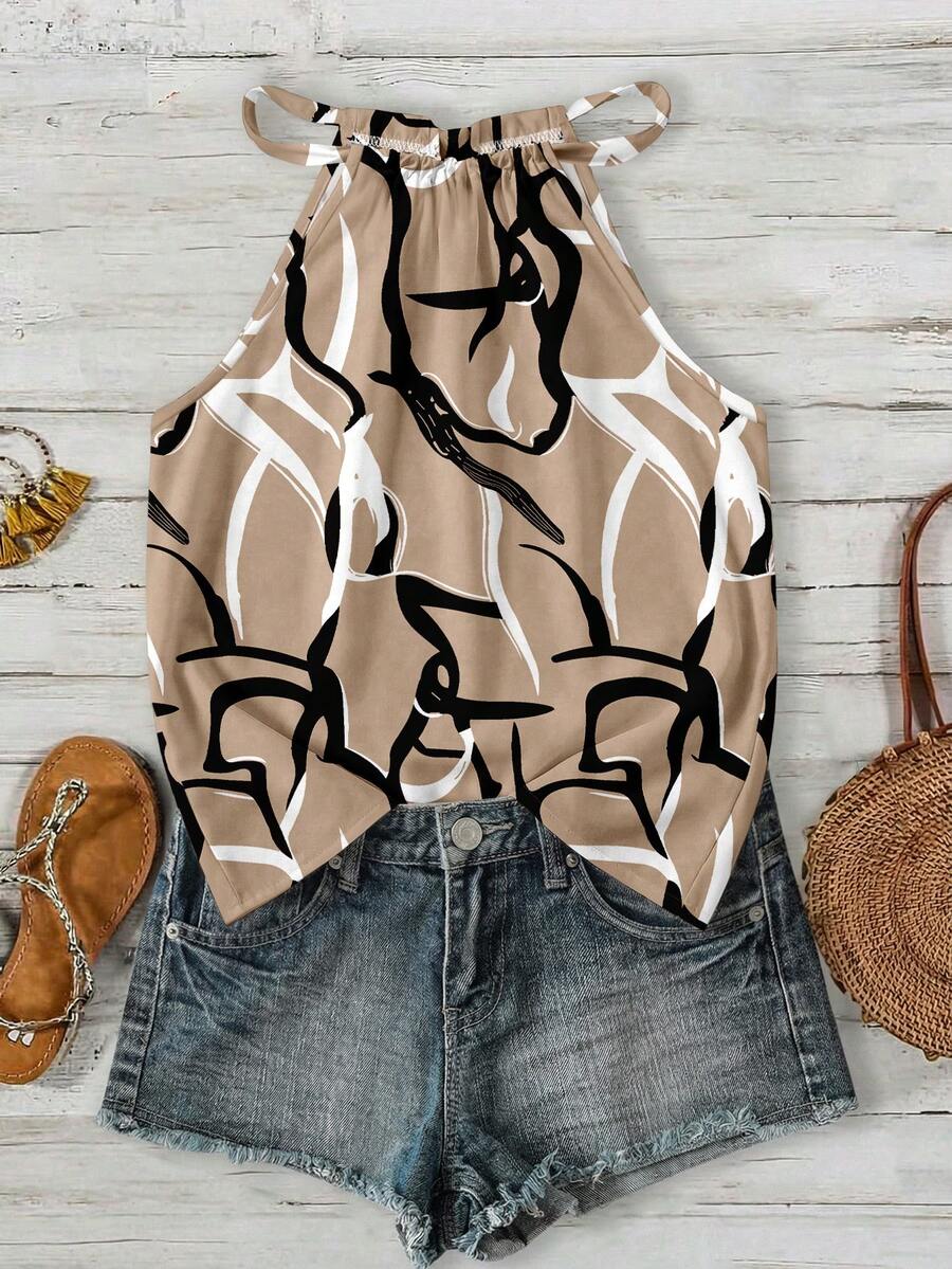 SHEIN LUNE 女士吊带复古几何优雅浪漫撞色印花图案吊带背心，适合春夏、户外活动、海滩度假、时尚休闲、通勤穿着。 - 彩色 - 查看 1