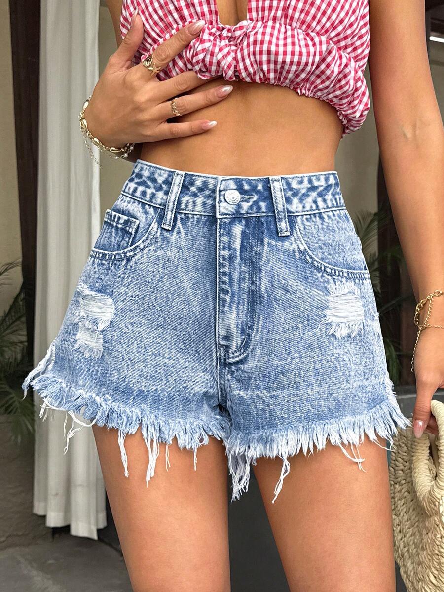 Rivivi Mid-Rise Fashionable Frayed Distressed Washed Denim Shorts - Light Wash - View 1