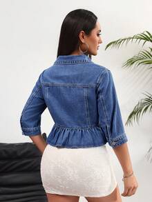 Rivivi Women's Casual Washed Denim Jacket With Ruffle Hem - Blue - View 2