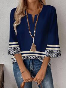 EMERY ROSE Plus Size Casual Striped & Geometric Print Shirt - Navy Blue - View 3