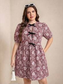 Comfylo Plus Size Women Floral Print Tie Front Ruffle Fashion Date Party Dress - Brown - View 5