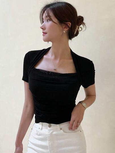 DAZY 女士纯色网眼拼接修身短袖T恤，黑色上衣，适合春夏外出穿着