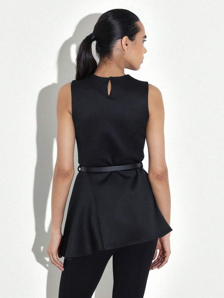KSTM Black Sleeveless Belted Tunic Top With Keyhole Back Detail For Women Professional Office Wear