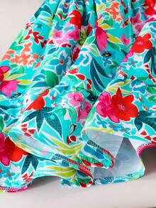 Elladie kids Young Girls Sleeveless Flounce Green Floral Print Short Dress With Big Bow Back Ruffle Hem Round Neck Vacation Style Squishy Summer Outfits - Green - View 4