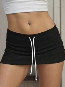 Rina Fox Women's Drawstring Waist Casual Versatile Daily Wear A-Line Mini Skirt - Black - View 4