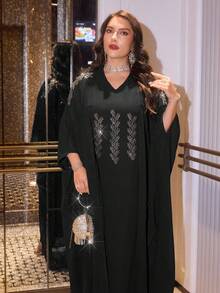Modelyn 大码女士闪亮钻石无袖优雅连衣裙，长袖收腰正式礼服两件套 - 黑色 - 查看 4