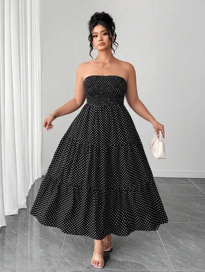 Elenzga Plus Size Women's Polka Dot Strapless Dress, French Retro Minimalist Sexy Elegant Casual Vacation Romantic Dress