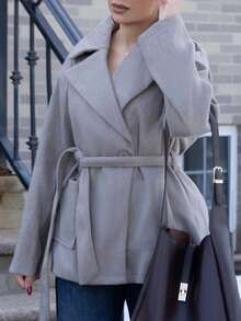 Melissa Matos 秋季女装，女士加厚卡其色翻领口袋宽松大衣，适合秋冬季节穿着。 - 卡其色 - 查看 4