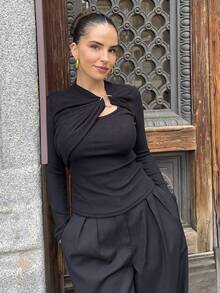 Marta Soriano 女士柔软不对称垂坠镂空金属扣装饰长袖 T 恤 - 黑色 - 查看 5