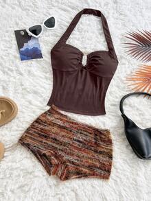 Soleia Abito elegante boho tropicale di grandi dimensioni, adatto per primavera/estate, vacanze, matrimoni, lauree, feste di San Patrizio, vacanze di primavera, festival musicali, appuntamenti, shopping, composto da un set a maglia marrone strutturato da 2 pezzi per donna - Castano - Visualizzare 4