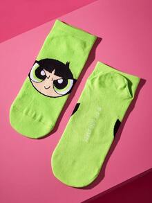 THE POWERPUFF GIRLS X SHEIN 3双装柔软透气吸湿休闲糖果色短袜，甜美图案，时尚可爱卡通粉色、蓝色和绿色女款短袜，加固趾部和脚跟，经久耐穿，四季皆宜，夏季和冬季百搭，印花图案，花朵、泡泡和毛茛 - 彩色 - 查看 9