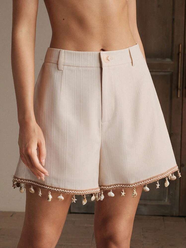 Apricot Retro Design Seashell Tassel Woven Belt Loose Beach Shorts, Casual A-Line Pants For Women Summer