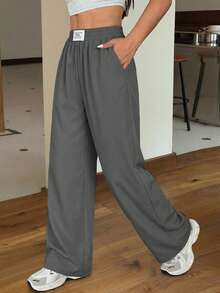 SHEIN EZwear Loose Casual Vacation Straight Leg Gray Pants, Spring/Summer - Grey - View 4