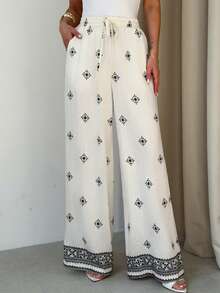 Firerie 女士优雅复古印花阔腿裤，适合度假穿着 - 黑與白 - 查看 1