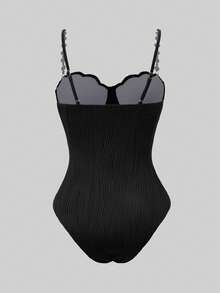 Swim Oasis 2026 Women's Spring/Summer Elegant Romantic Seashell Cup Shaped Swimsuit With Pearl Chain Strap, Bohemian Wave Texture Push-Up Underwire Molded Cup, Wrap-Around Mesh Skirt For Beach Vacation - Black - View 5