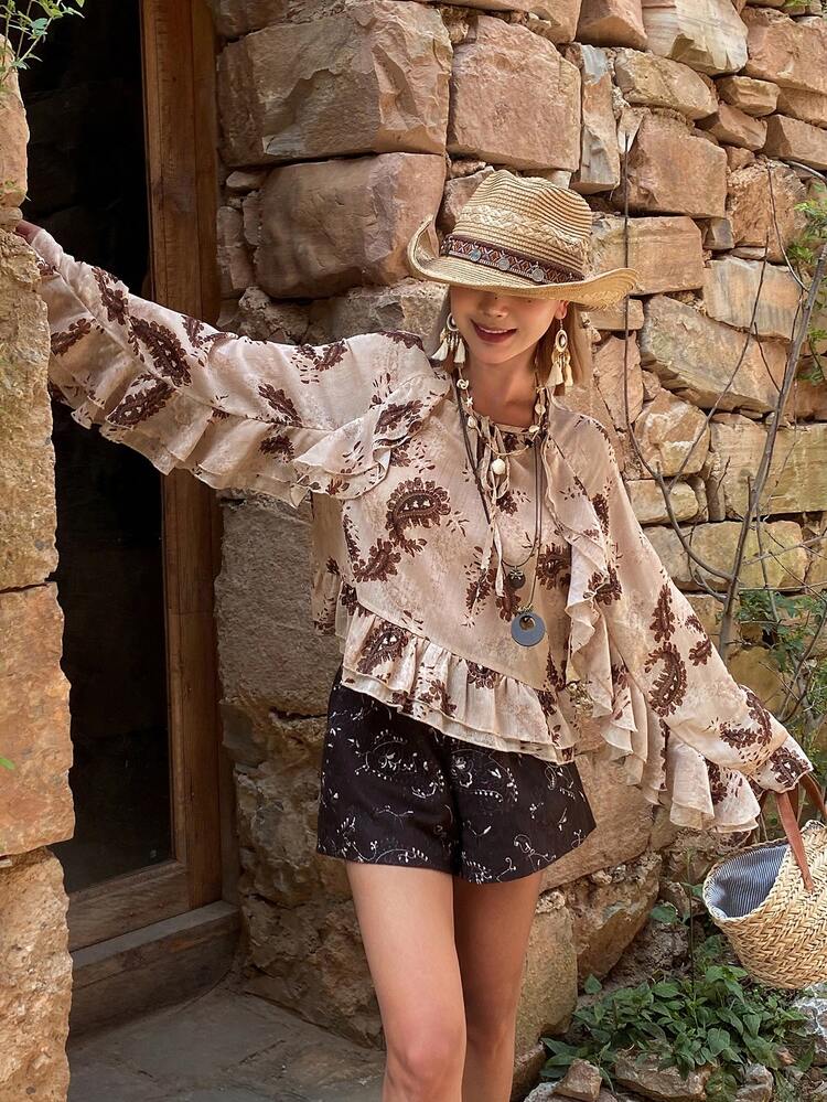 Women's Casual Floral Print Flare Sleeve Ruffle Hem Bohemian Summer Blouse Boho