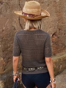 DAZY Women's Solid Color Hollow-Out Lightweight Crew Neck Short Sleeve Casual Summer Top - Coffee Brown - View 2