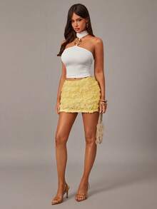 Radiana 女士性感优雅浪漫浅黄色3D玫瑰花卉低腰紧身迷你裙，夏季 - 鵝黃色 - 查看 5