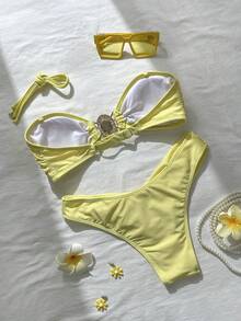 Swim Mod Bộ bikini quây 2 mảnh màu trơn dành cho nữ, mẫu mới mùa xuân/hè 2026, đồ bơi thanh lịch cho kỳ nghỉ biển. - Màu vàng - Xem 2