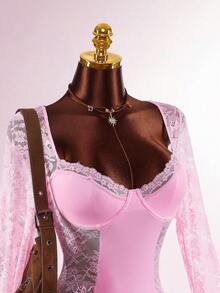 Amplova 性感撞色蕾丝收腰女士吊带连体裤，配长喇叭袖和透视侧片 - 粉色 - 查看 5
