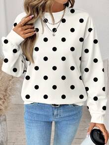 SHEIN LUNE 休闲简约复古优雅通勤百搭保暖印花图案，复古波点印花图案，女士夏季圆领长袖宽松卫衣 - 彩色 - 查看 3