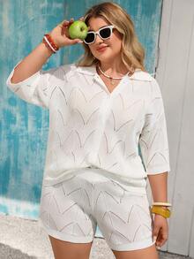 Vivid Eden Conjunto de top de punto y shorts de unicolor informal de talla grande - Blanco - Ver 6