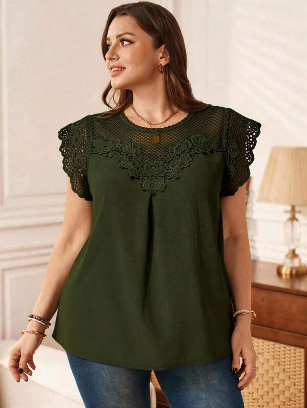 EMERY ROSE Plus Size Women Water-Soluble Lace Tunic Tops Dressy Blouses , Vacation Summer