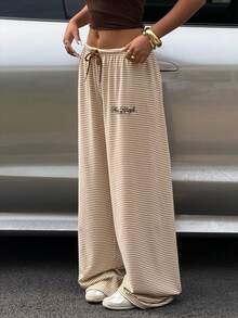 Muchica Brown Striped Knit Women's Drawstring Waist Sweatpants - Khaki - View 4