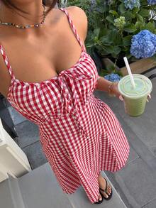 SHEIN Muchic Women's Plaid Print Casual Vacation Sundress, Color-Blocked Striped High-Waisted A-Line Maxi Skirt, Red Sundress, Pink Plaid Dress, French Retro Slimming Square Neck Sundress, Elegant Summer Vacation Dress, Women's Elegant Dress, Holiday Dress, Summer Vacation Outfit.,Summer Dresses For Women - Multicolor - View 4
